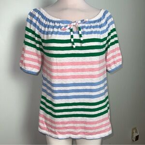 Talbots Striped Tie Neck Top Women’s Medium Blue Green Pink Cotton Short Sleeve